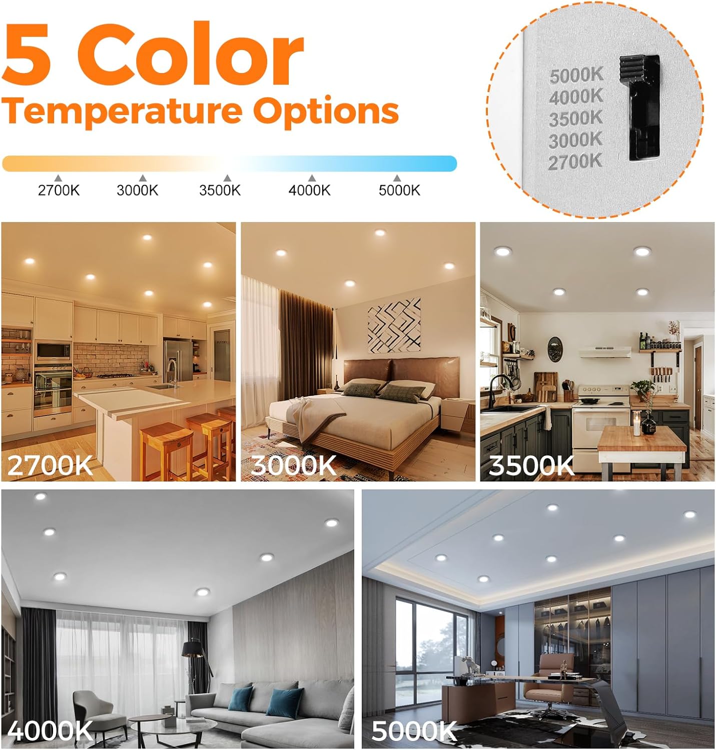 12 Pack 3 Inch Recessed LED Lights with Night Light, Canless Ultra Thin Wafer Recessed Lighting Downlight with Junction Box, Dimmable & 5 Color Temperature Selectable, 6W, ETL, White