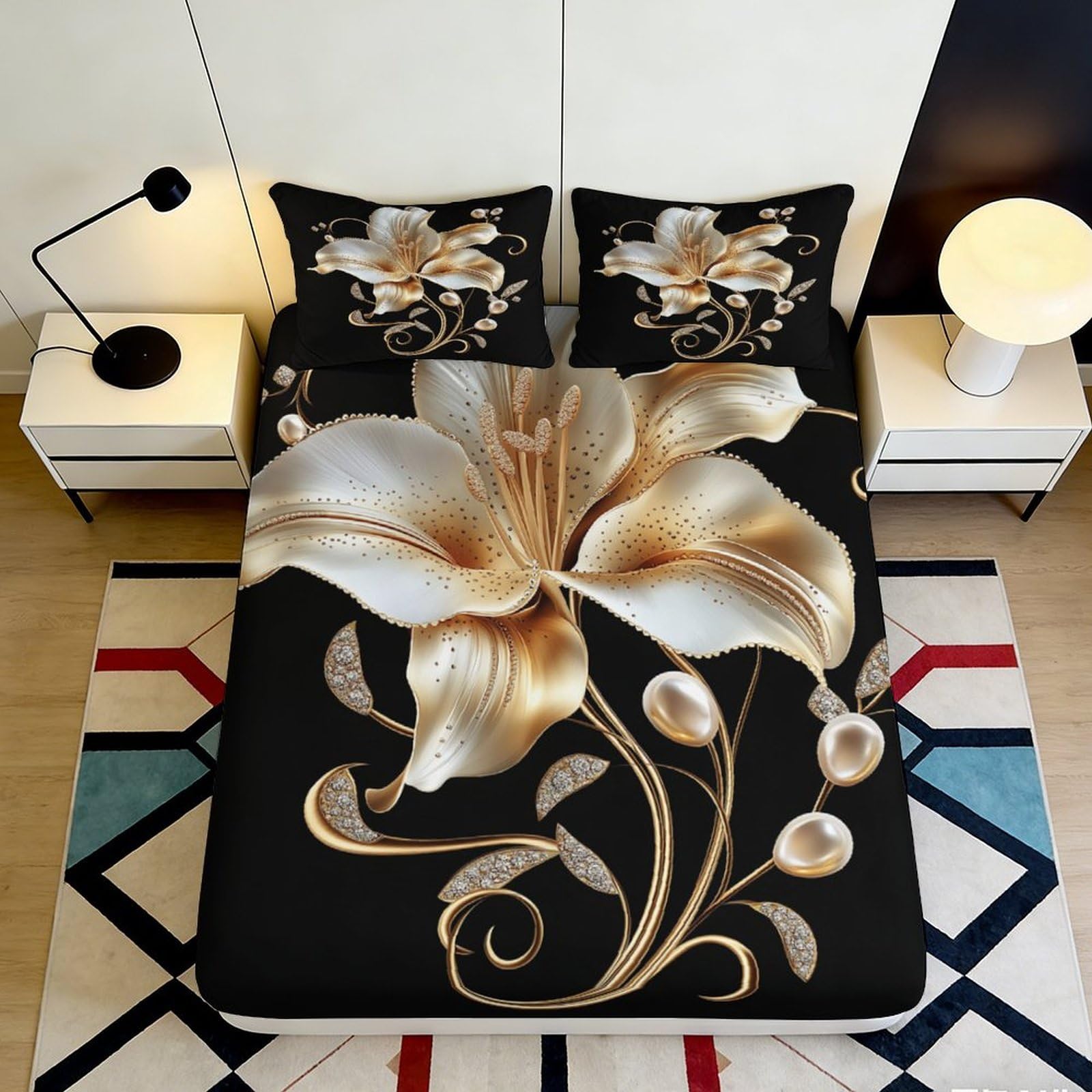 Pnayamiorkfel Style-10 3D Printed Golden Lily Fitted Sheet Microfiber Soft Decorative Pearl Flower Bed Cover For Bedroom Guest Room Dorm 90X200x25cm