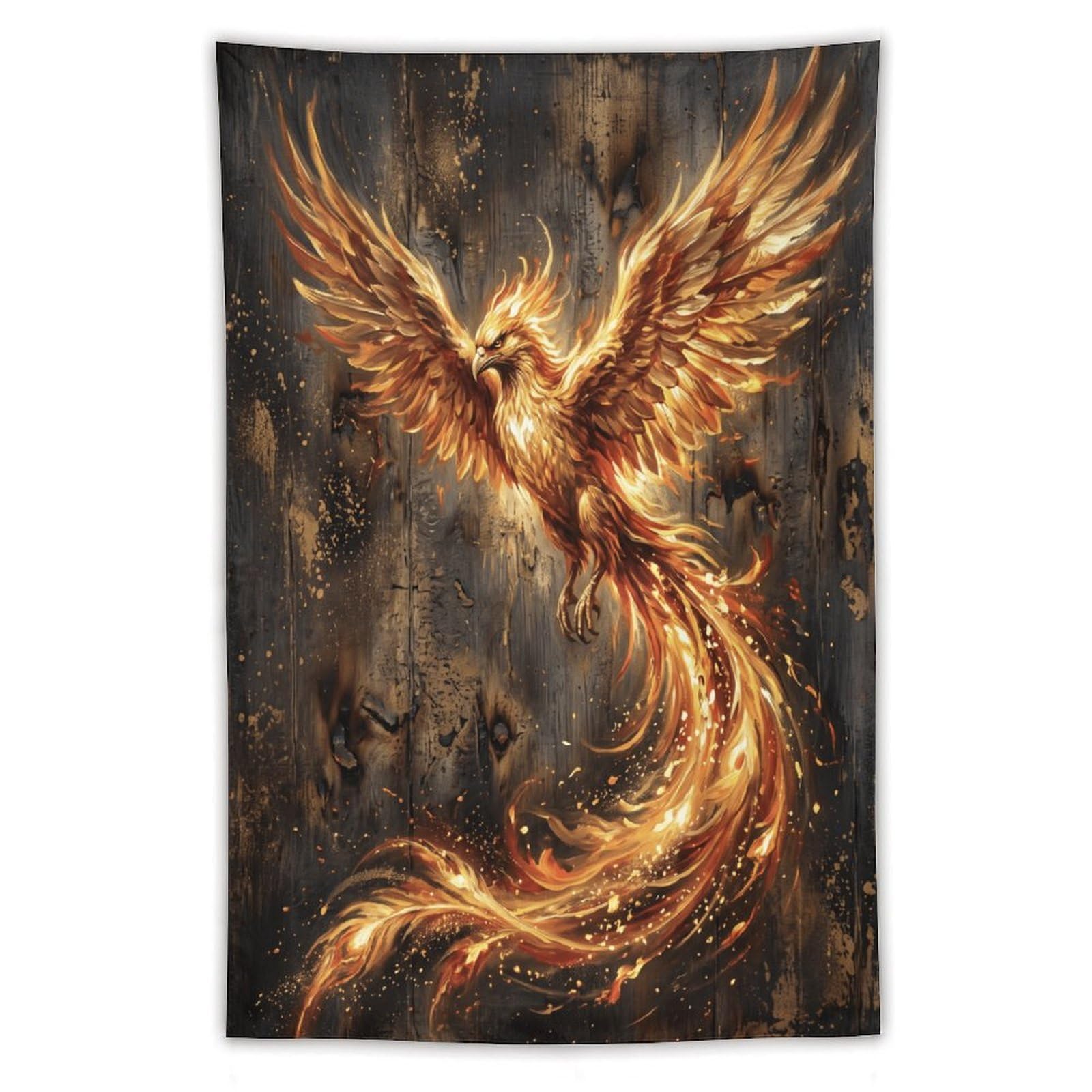 H3B8U2Y5 Golden Fire Phoenix Wall Tapestry, Fantasy Illustration, Entryway