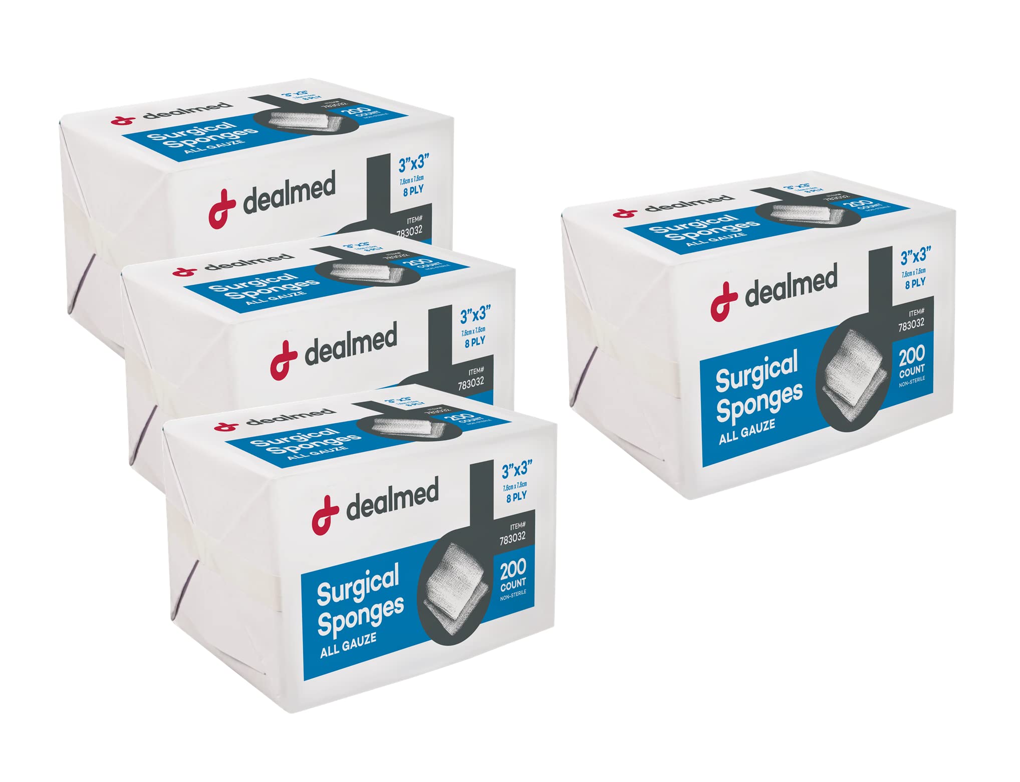 Dealmed 3" x 3" Surgical Sponges, 8-Ply, Non-Woven Absorbent Gauze Sponges for Wound Care, First Aid Kits and Medical Facilities, 200 Count (Pack of 4