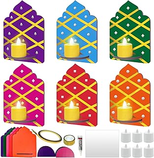 Cinrobiye 6 Set Diwali Party Favor DIY Jharokhawall Tealight Candle Holder Craft Make You Own Pooja Wall Tea Light Holder with LED Candle Light for Temple Home School Window Room Decor Gift Supplies
