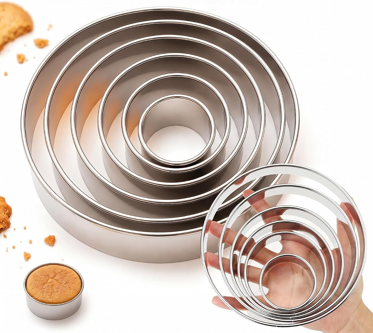6 PCS Round Cookie Cutters, Stainless Steel Circle Biscuit Cutters for Baking, Multi Size Cookie Shaper for Pastry Donuts Fondant Sandwich
