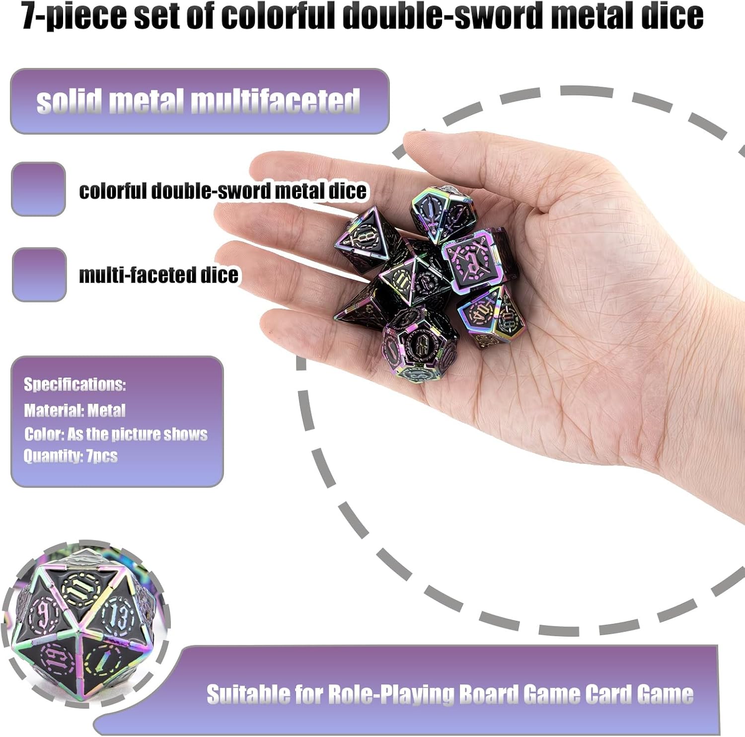 7-piece Set of Colorful Double-Sword Metal Dice, Multifaceted Metal Dice, Compatible with Role Playing RPG Board Game Card Game