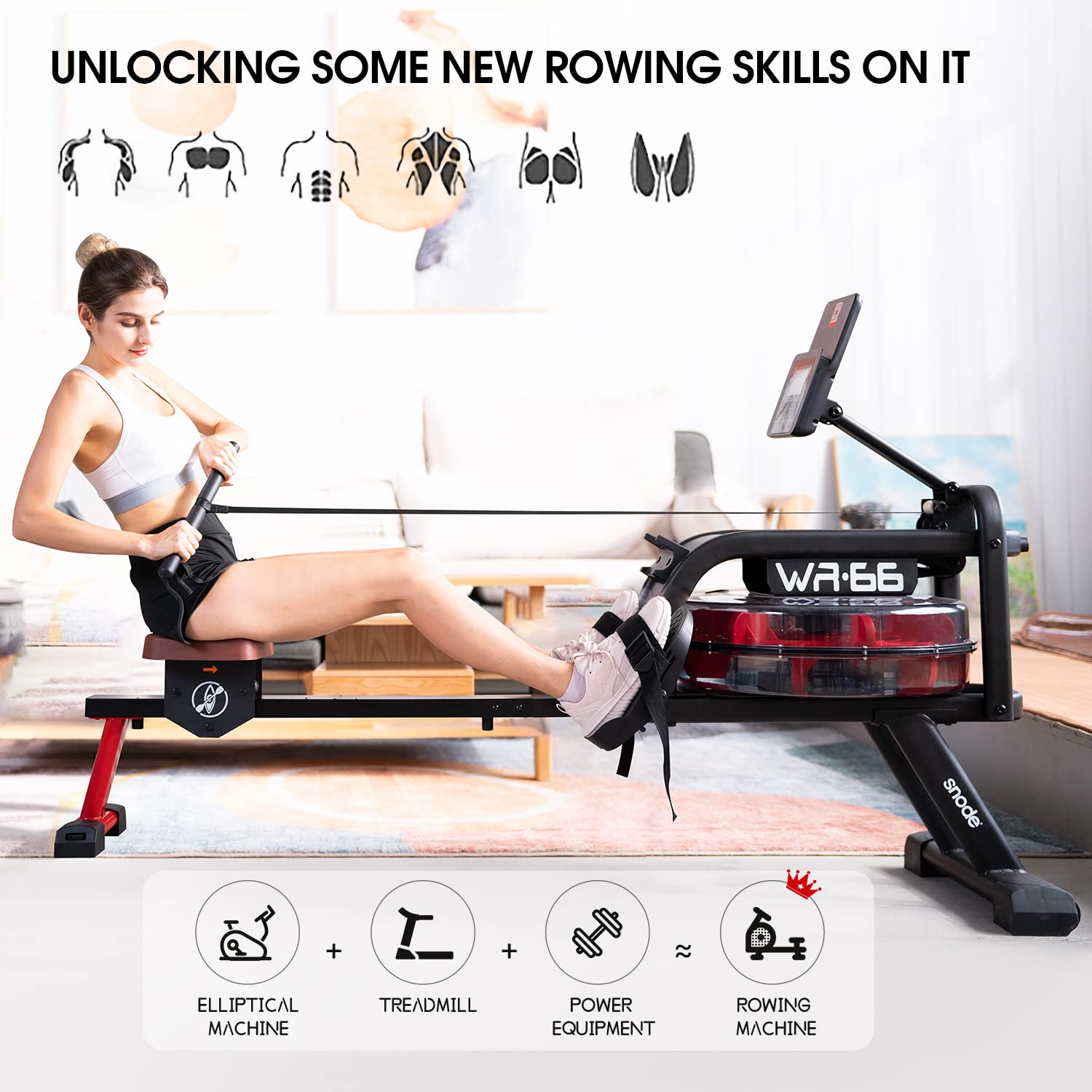 SNODE WR66 Water Rowing Machine showing muscle engagement