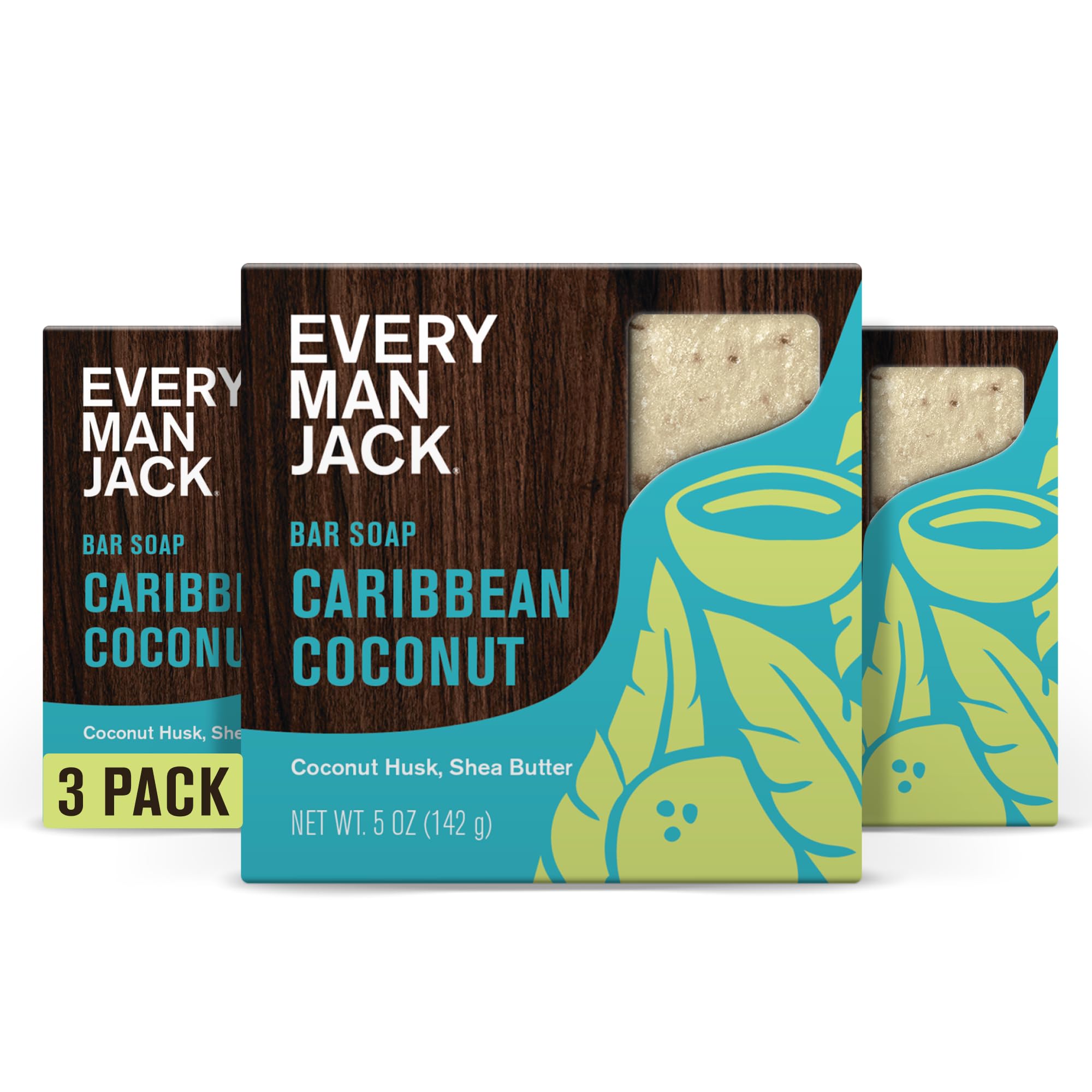 Every Man Jack Cold Processed Mens Bar Soap - Tropical Caribbean Coconut Scent - Deeply Cleans & Hydrates w/Naturally Derived Ingredients - (3 Pack)