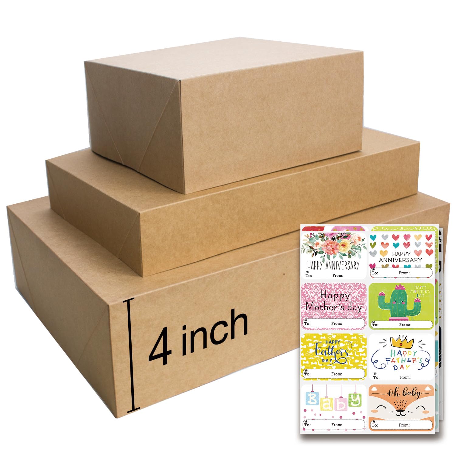 12 Rustic Kraft Gift Wrap Boxes with Lids for wrapping Large Clothes (Assorted sizes for wrapping Robes,Blankets, Coat, and Shirts) and 80 Different Occasion Tag Stickers for Mother’s, Father’s Day,Birthdays, Baby Showers, Weddings Presents Packaging