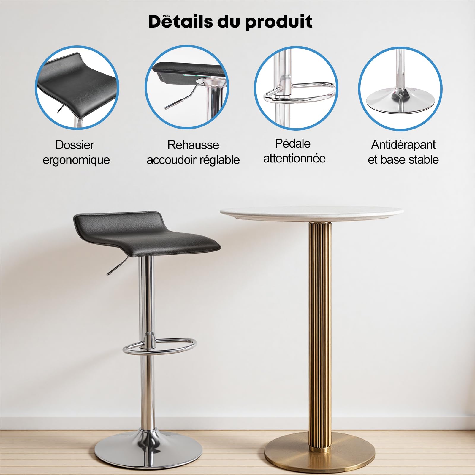 Panana Lot de 2 Tabourets de Bar, Chaises Haut, Hauteur Réglable, Revêtement en PU, Rotatif sur 360°, avec Dossier et Repose-Pieds, Pied Chromé, 39 cm (L) x 40 cm (l) x 67-87 cm (H) (Noir)