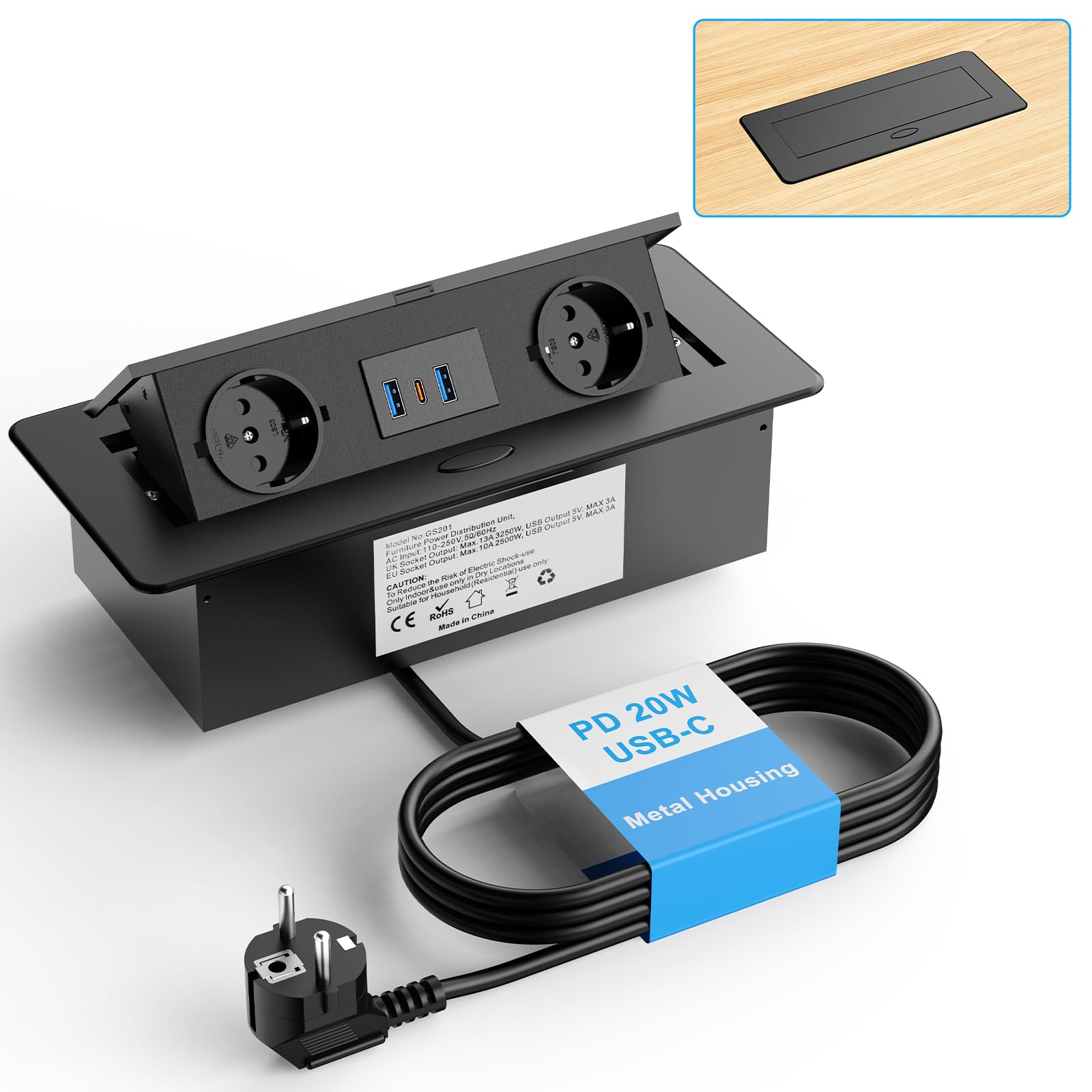Alpheus Gniazdo wpuszczane na blat roboczy, USB-C PD 20W, 2 gniazda, czarne | Listwa zasilająca do zabudowy, 2 gniazda, USB-C PD 20 W, 2 USB-A 18W, metalowa obudowa, do biura, stołu konferencyjnego i