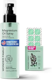 Pure Magnesium Oil Spray for Feet and Whole Body - Muscle Soothing, Natural Deodorant - Topical Magnesium Spray for Sleep Support and Relaxation - Mist Bottle 8.45 Fl Oz, 6 Patches