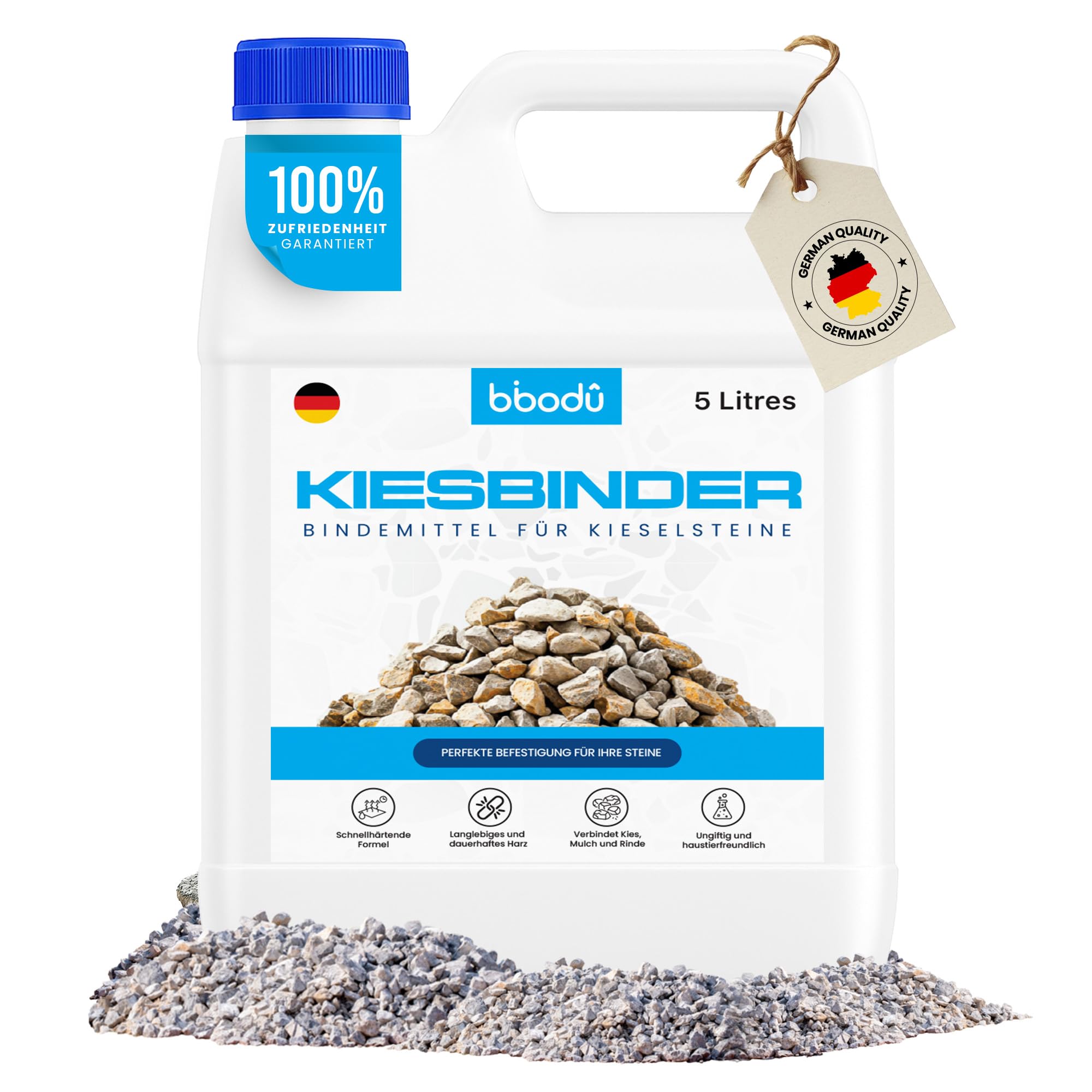 BIBODU® Kiesbinder 5 L | Bindemittel für Kieselsteine | Widerstandsfähiges Kiesbinder Aussen Frostsicher | Perfekt für Kies, Steine und Mulch | Für Wege, Terrassen und Außenbereiche