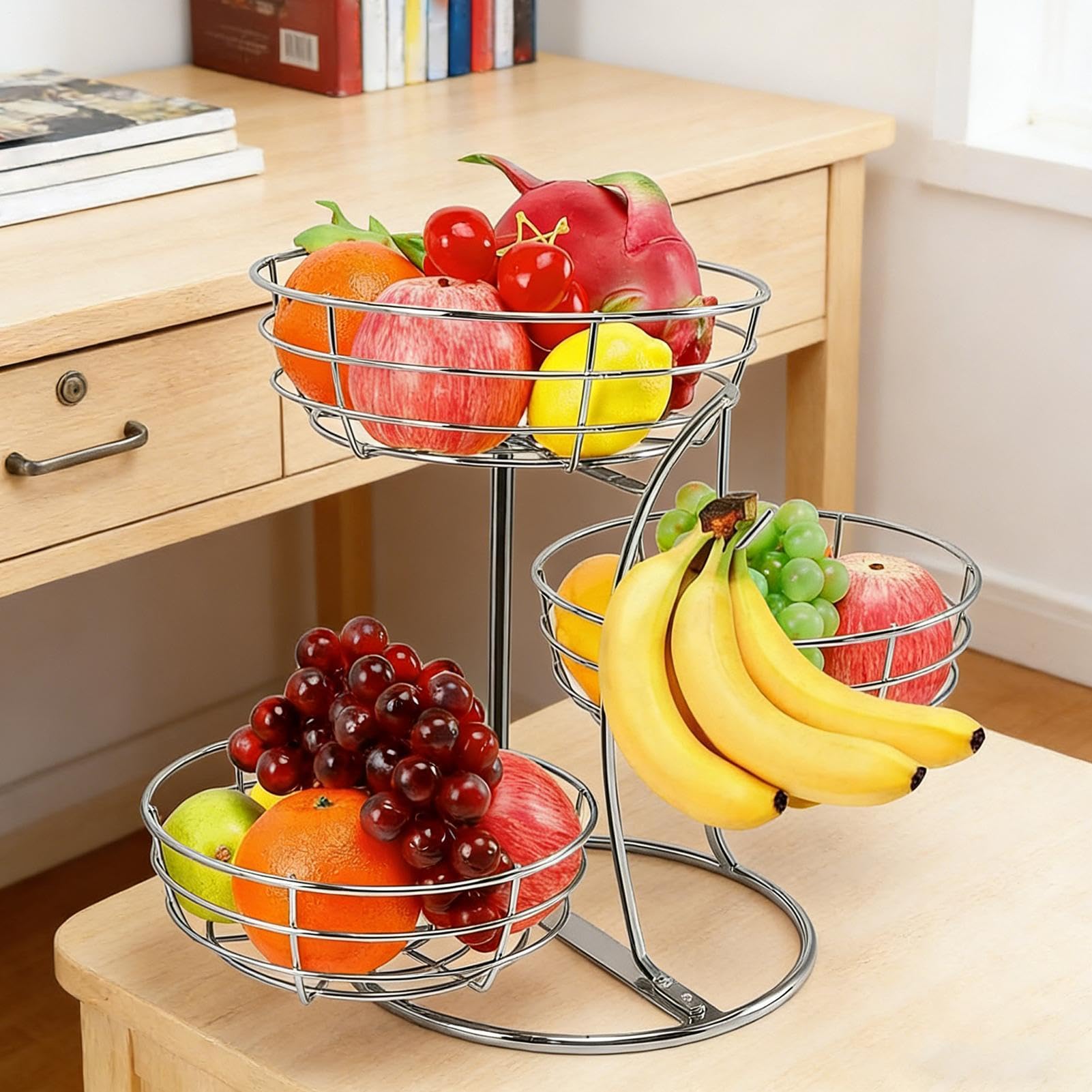 Contenitore per Frutta da Bancone a 3 livelli antiruggine con gancio | Espositori per frutta da piano di lavoro cucina Per Dispensa Casa Appartamento Festa Patate Cipolle Pane Snack