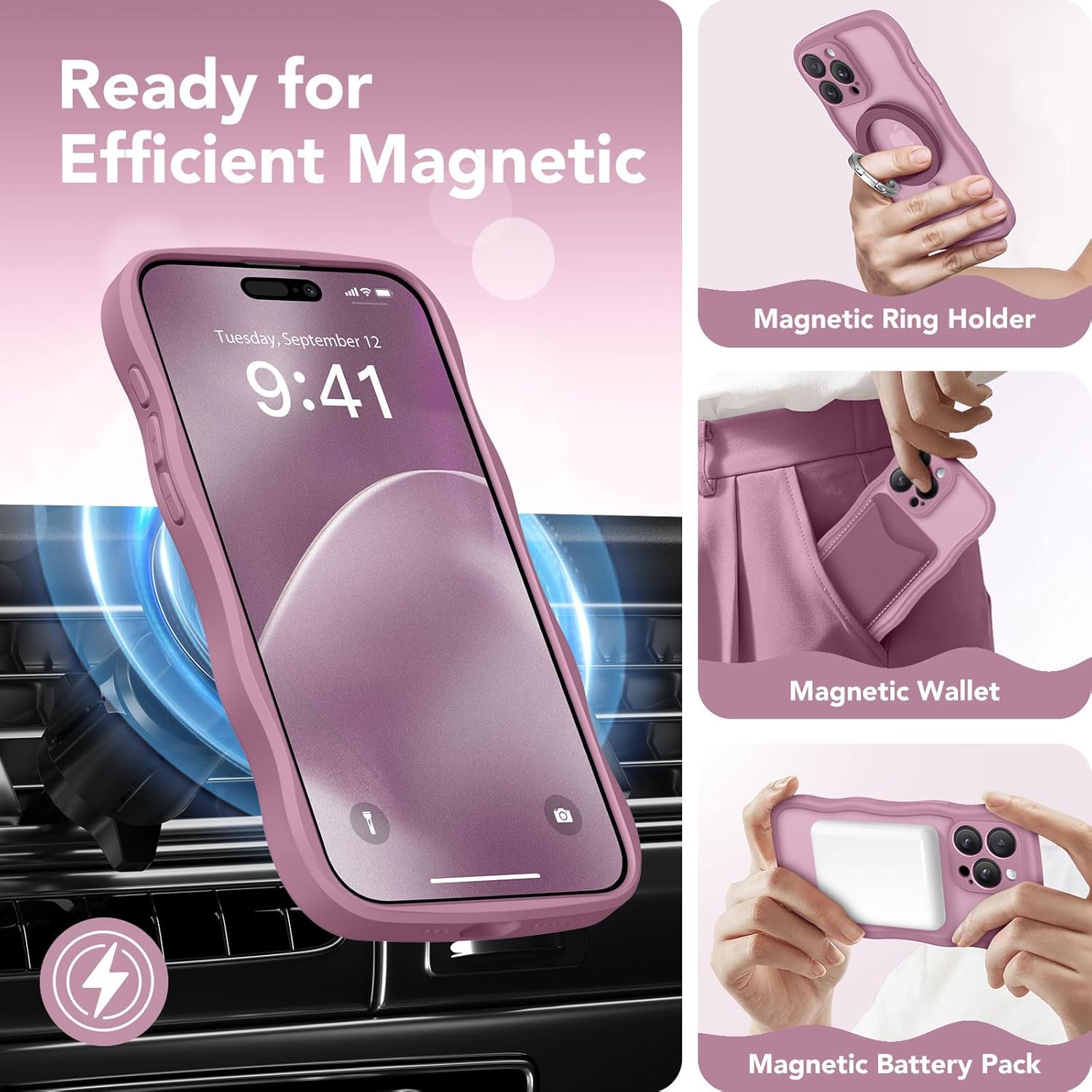 CAPRARO Cute for iPhone 14 Pro Max Case, Compatible with MagSafe, [Curly Wave Edge] [Full Camera Protection] [14 FT Drop Protection] Magnetic Phone Case for 14 Pro Max 6.7 Inch, Black Currant