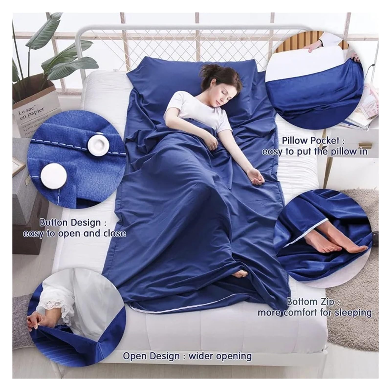 Fodera per Sacco a Pelo Sacco a Pelo Portatile Leggero in Cotone con Fodera for Sacco a Pelo da Viaggio con Fessura for Cuscino, Accessori for Zaino in Spalla e Campeggio(Deep Blue)