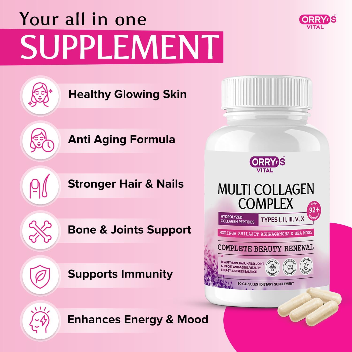 Hydrolyzed Collagen Peptides for Women & Men – Type I, II, III, V, X Multi Collagen Complex with Biotin, VIT C, Hyaluronic Acid & 92+ Trace Minerals for Hair, Skin, Nail & Joint Support– 90 Capsules - Image 2