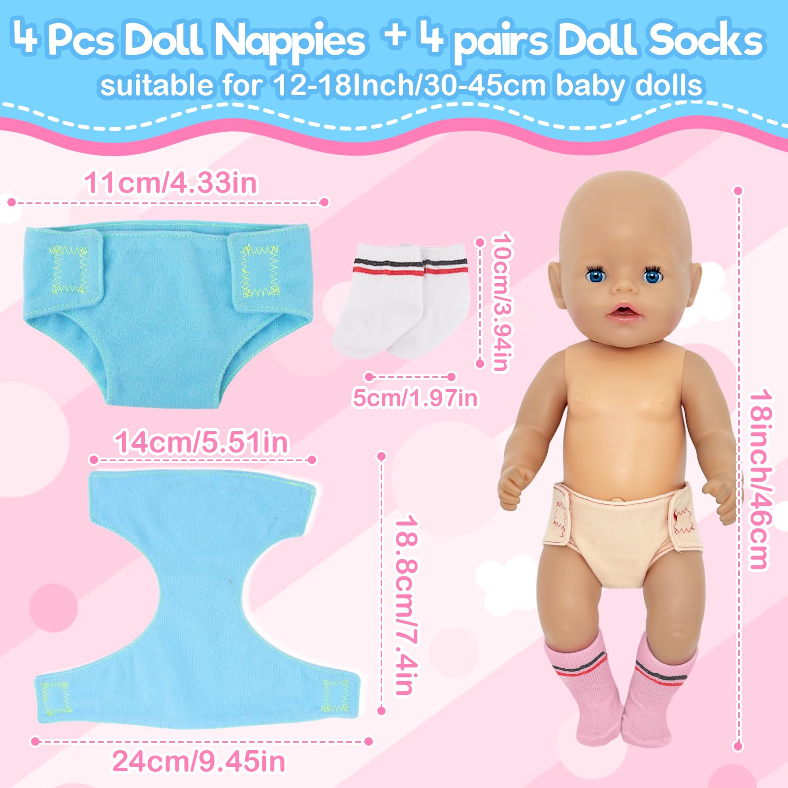 YAEGIMHT Doll Nappies + Doll Socks Set, 8 Pcs Baby Doll Accessories for 12-18" Doll - Image 2