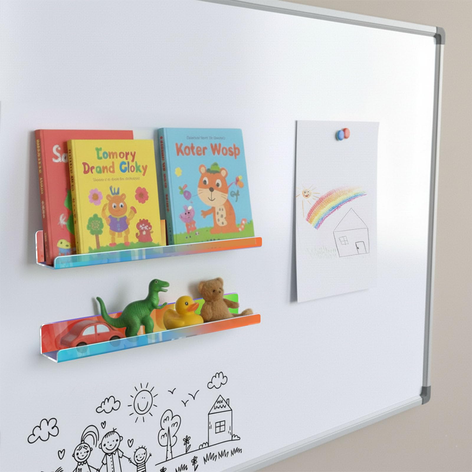 Magnetyczna półka na książki do tablicy, silna adsorpcja, wielokrotnego użytku, akrylowy stojak na książki, dla nauczyciela, dzieci, klasy, lodówki, biura, 2 szt. (opalizująca)