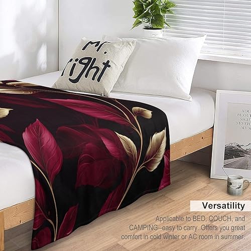 Miniatura 5 de Manta para sofá, elegante manta de hojas color burdeos, lujosa, cálida y acogedora manta de hojas vibrantes de 50 x 60 pulgadas para sofá, cama,