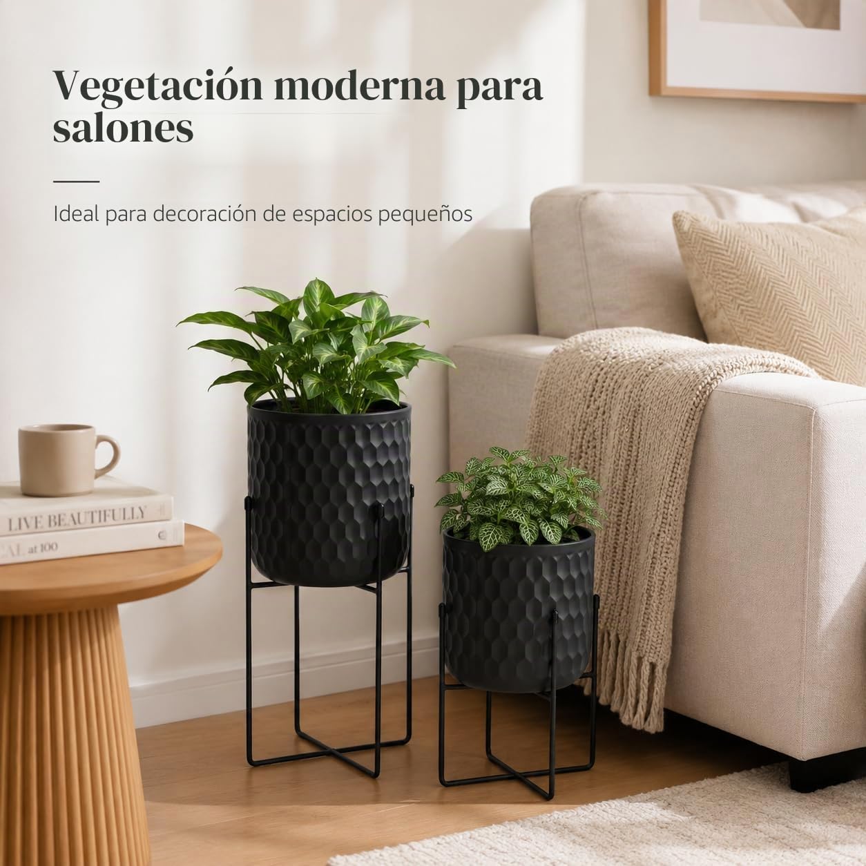 TRIROCKS Set de 2 Maceteros Metálicos Modernos con Soporte 31 cm y 45 cm Altos, Macetas para Uso Interior/Exterior, Decoración de Cocina, Sala, Jardín y Balcón (Negro)