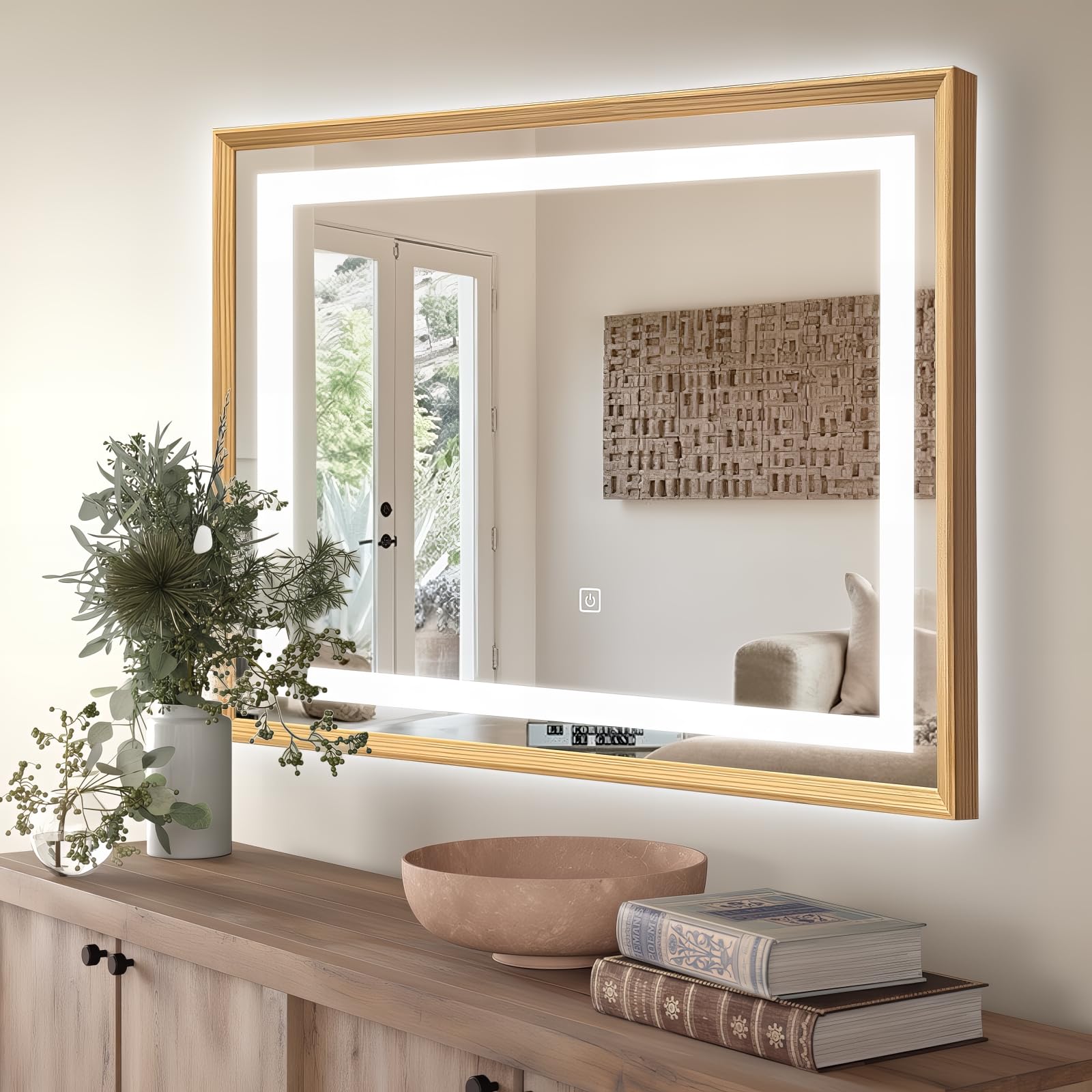 Specchio da parete a LED 70 x 100 cm con cornice in legno – Illuminazione incorporata luce calda o bianca – Pulsante touch, funzione disappannamento e striscia LED impermeabile – ideale per
