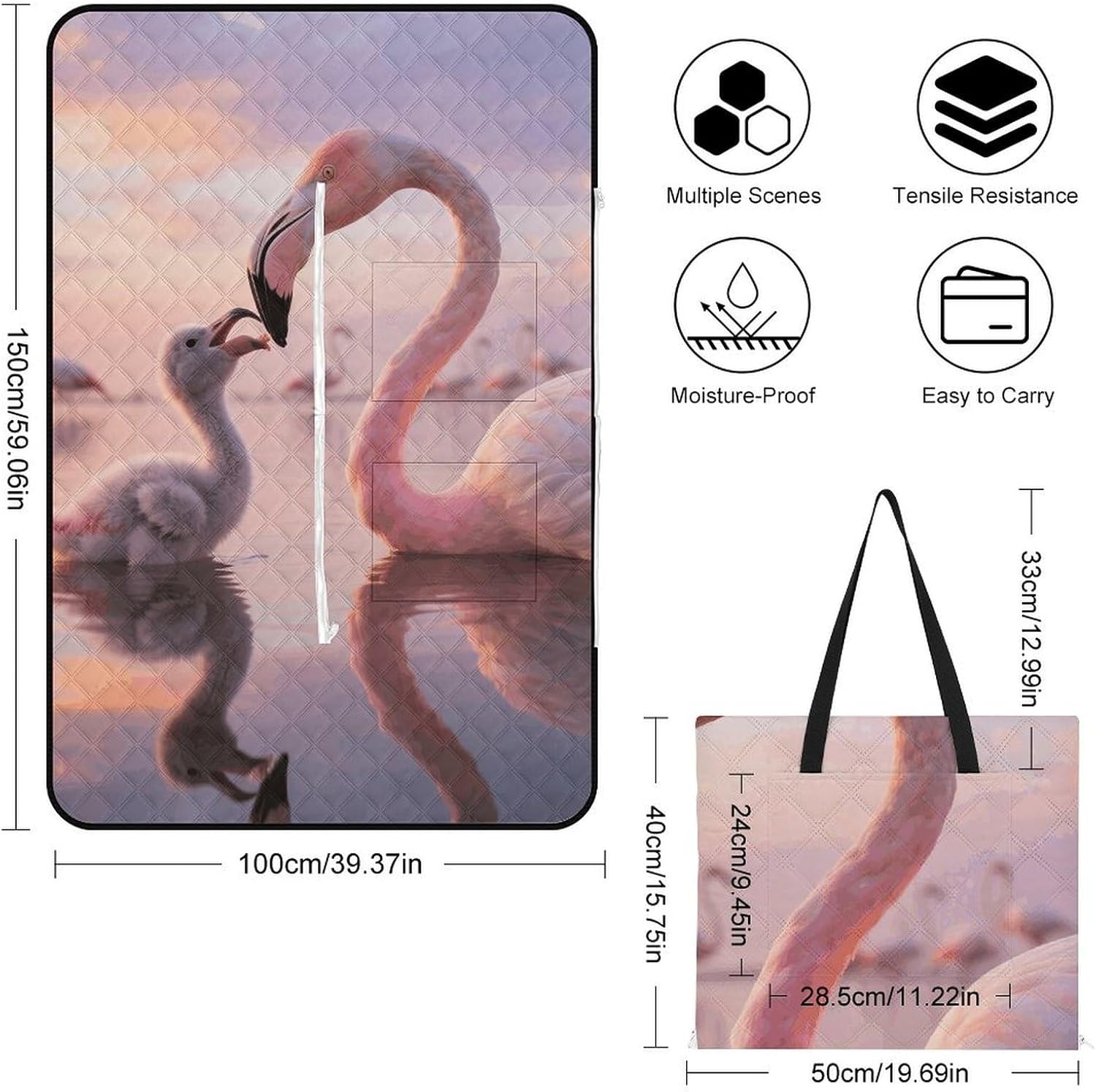 Pretty Sunset Pink Flamingo Picnic Blanket 150x100cm, Foldable 2-in-1 Picnic Mat and Tote Bag Portable Waterproof Beach Mat Sandproof Outdoor Blanket for Park, Hiking, Beach, Camping, Travel