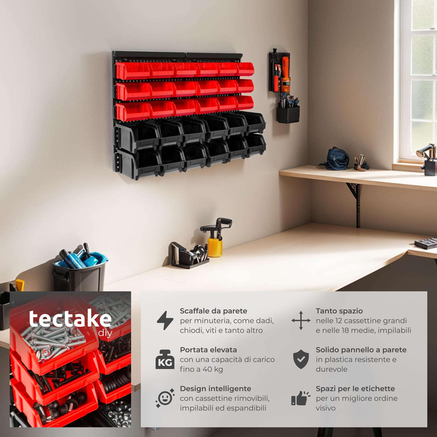 tectake® Portaminuteria, Scaffale da Parete, 30 Cassetti Impilabili, 12 Grandi e 18 Medi, Meccanismo di Apertura Comodo, 64x38x17,5 cm, Cassettiera Officina - Scaffale Singolo