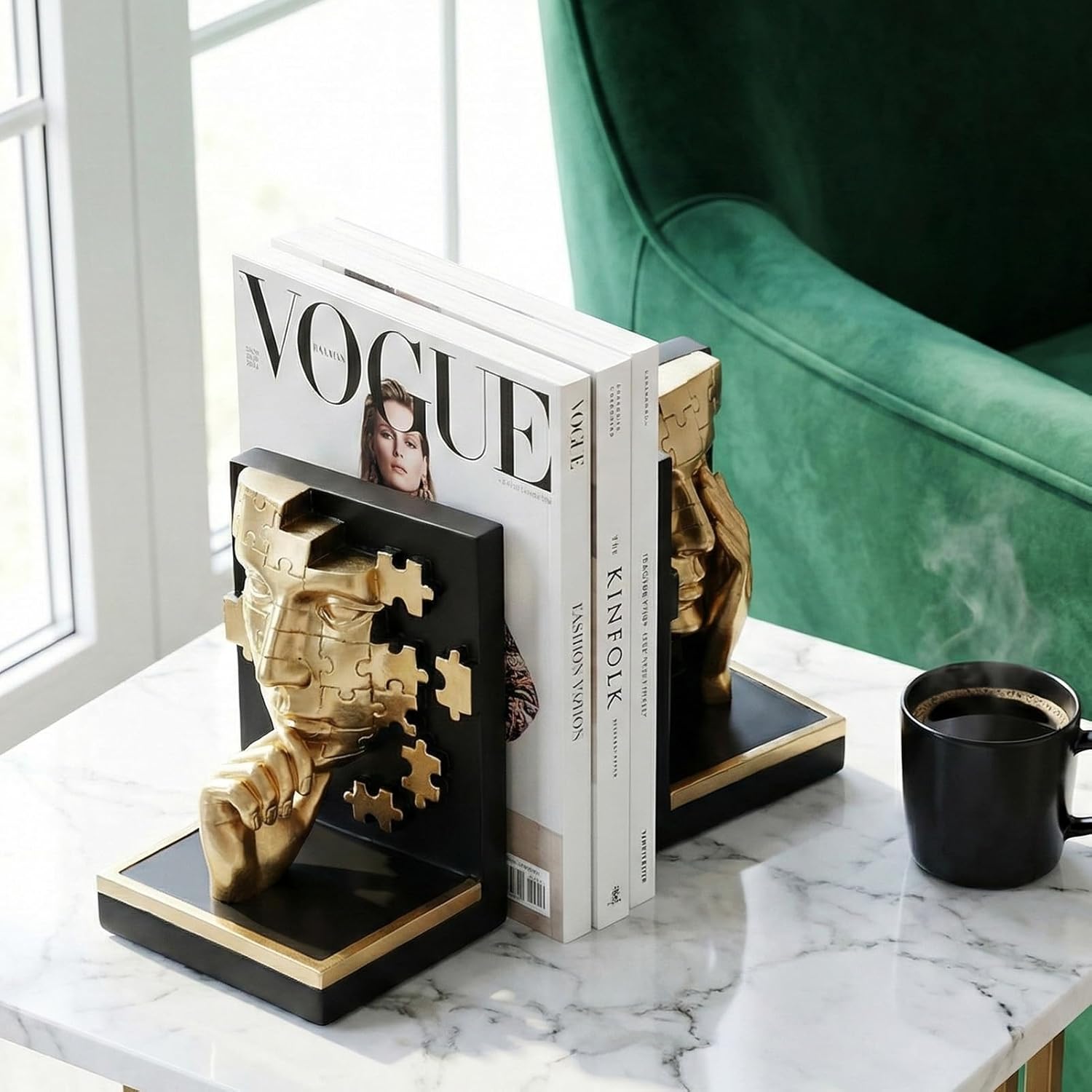 Gold Abstract Face Bookends Set,Modern Thinker Bookshelf Decorative Bookends,Cool Black Gold with Puzzle Design,for Shelves, Desk & Home Office Decor Accessories