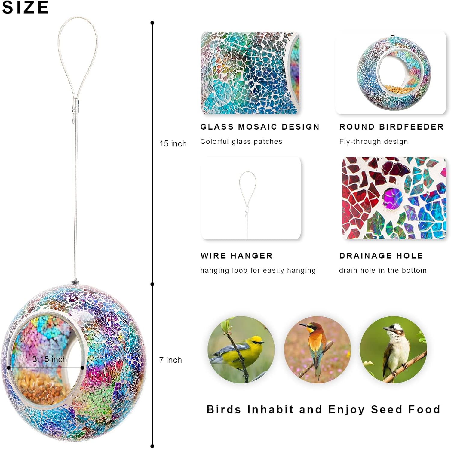 Bird Feeder Mosaic Fly Through Bird Feeder for Outside Hanging with Round Shape Glass Feeders to Attract Wild Birds for Garden, Deck, Yard, Backyard and Porch Decor, 7-Inch