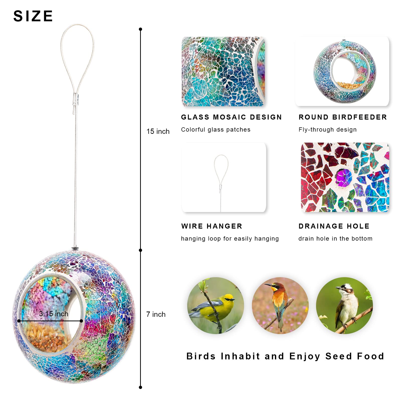 Comedero para pájaros con mosaico, comedero para pájaros para colgar en el exterior con comederos de vidrio de forma redonda para atraer pájaros silvestres para jardín, terraza, patio, patio