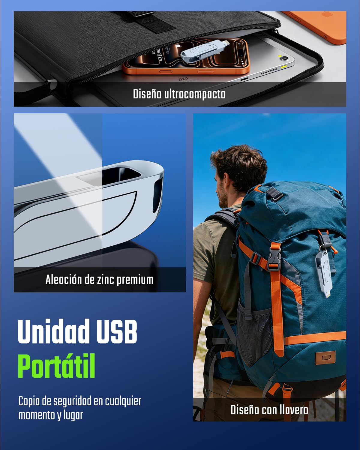 [Sin App] Pendrive 256GB para iPhone, MFI Memoria USB C,Lightning,USB 3.0 | 3 en 1 Memoria Externa para iPhone,iPad,Movil Android OTG,Mac,PC,Flash Drive Transfiere Fotos,Vídeos y Datos,Gris