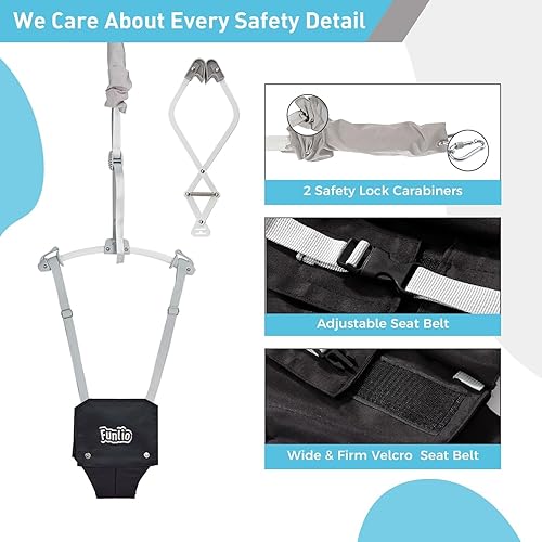 Miniatura 7 de FUNLIO Saltador de puerta para bebé de 6 a 24 meses (con abrazadera de puerta), puerta de puente para bebé con resorte fuerte y correa ajustable,