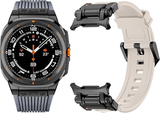Silicone Bands for Samsung Galaxy Watch Ultra 47mm Band, Rugged Luxury Sport Strap for Men, with Metal Connectors & Foldable Buckle & Pin Buckle Starlight Grey