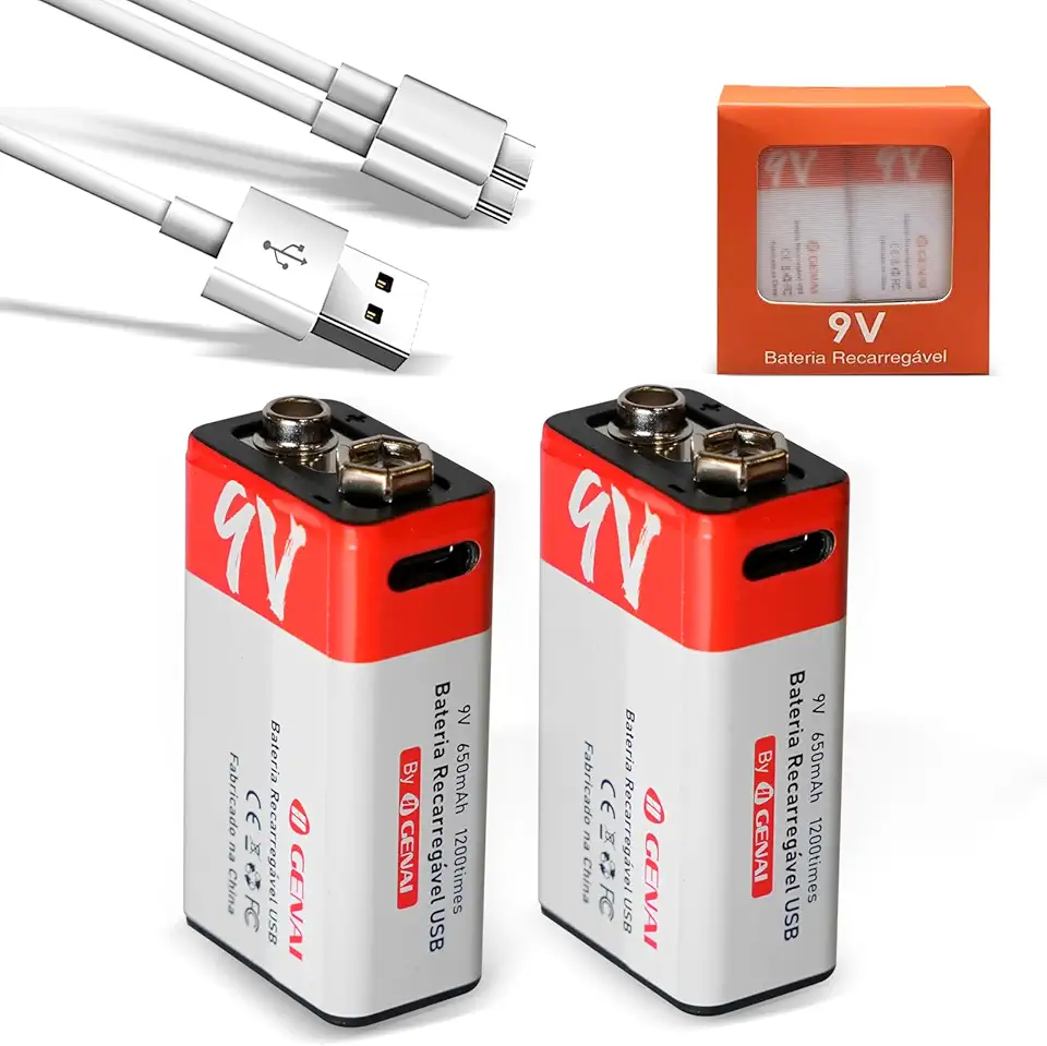Bateria 9v Bateria Recarregável 9v Pilha Recarregavel para Casa,Tipo-C, Kit 2 Bateria para Microfones sem Fio (2 Unidade Bateria)