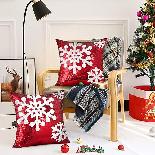 Miniatura 4 de OTOSTAR Juego de 2 fundas de almohada de lentejuelas navideñas de 18 x 18 pulgadas, diseño de copo de nieve de invierno, decoración de lentejuelas