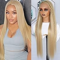 Vista 18 de Lezaxiu - Peluca de encaje frontal de pelo sintético largo y lacio, para mujeres negras, fibra de pelo resistente al calor, sin pegamento, densidad