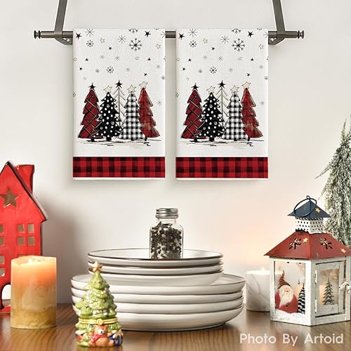 Miniatura 2 de Artoid Mode Juego de 2 toallas de cocina de Navidad con árboles de Navidad rojos y negros, 18 x 26 pulgadas, diseño diario de búfalo a cuadros