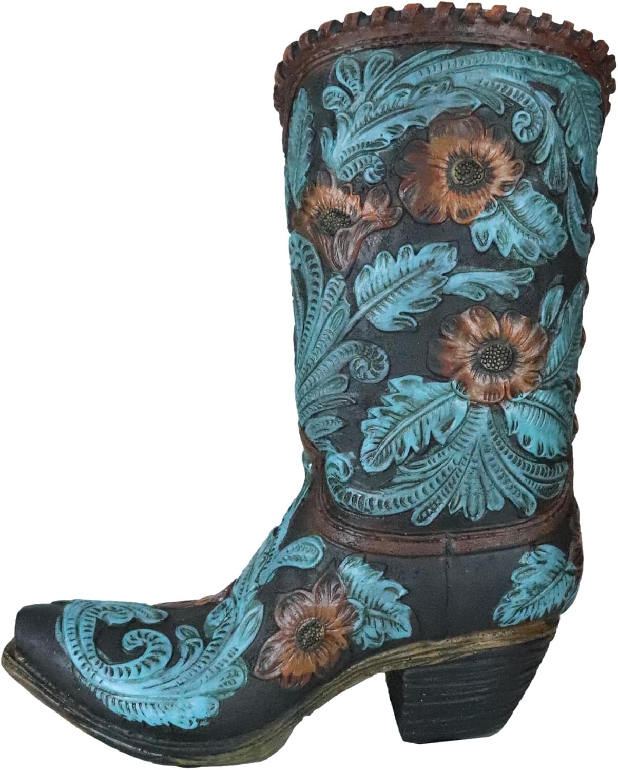 Ebros Rustic Southwestern Turquoise Floral Scroll Lace Damask Patterns Cowboy Cowgirl On Horse Boot Decorative Figurine Or Floral Vase Planter Tooled Leather Finish Table Shelf Countertop Accent