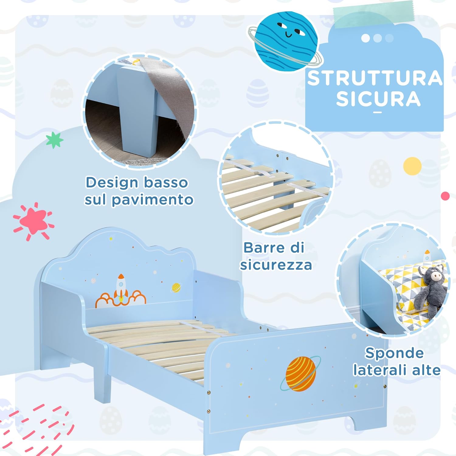 Diagram showing the safety features of the ZONEKIZ Children's Bed, including low floor design, safety bars, and high side rails.