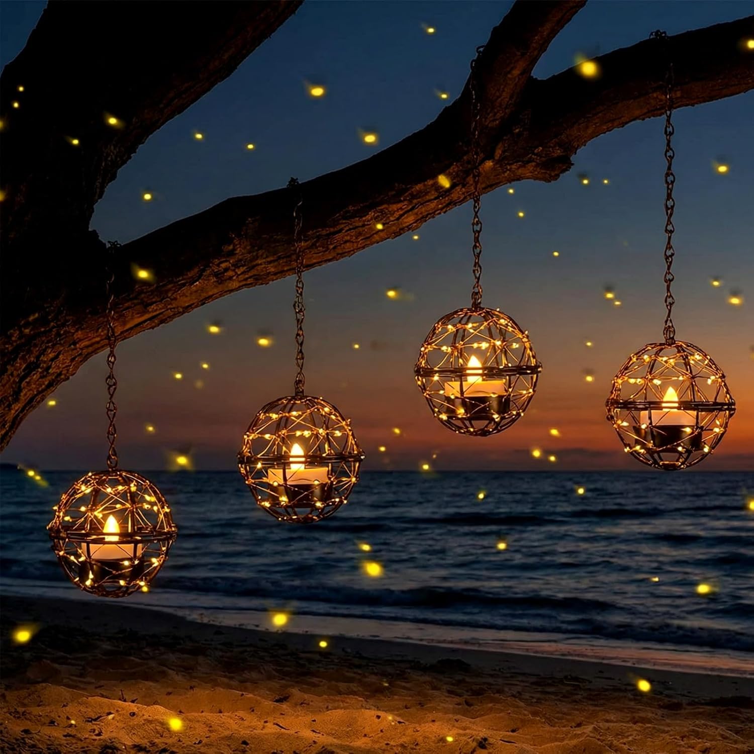 VIHOSE 4 Pack Solar Lanterns Outdoor Waterproof, Hanging Solar Lights Iron Ball with Flashing Tea Wax, Decorative Rechargeable Lamp for Backyard Terrace Garden Fence Tree Decoration