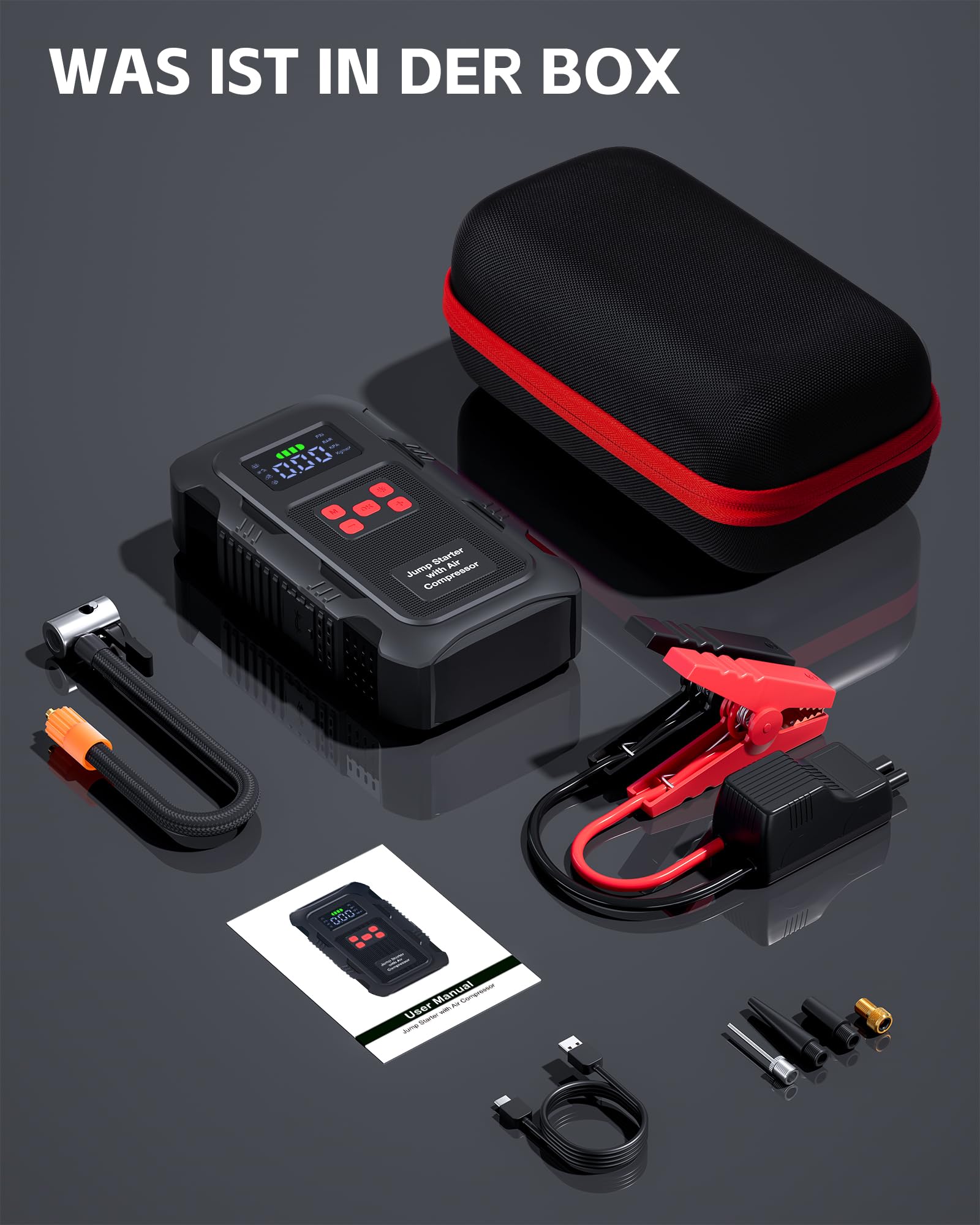 Povasee Starthilfe Powerbank für Pkw mit Kompressor 150 PSI, 6000A Starter Powerbank mit Elektrische Luftpumpe, 12V Auto Starthilfe (10L Benzin/8L Diesel), Jump Starter mit Taschenlampe (Rot)