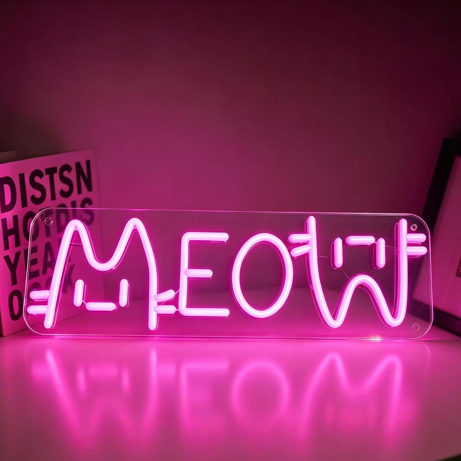 Meow Pink Neon Sign, USB-Powered Dimmable LED Light for Wall Decor, Cat-Themed Room Decoration for Bedroom Pet Store Cafe 15.7 x 5.1 inch