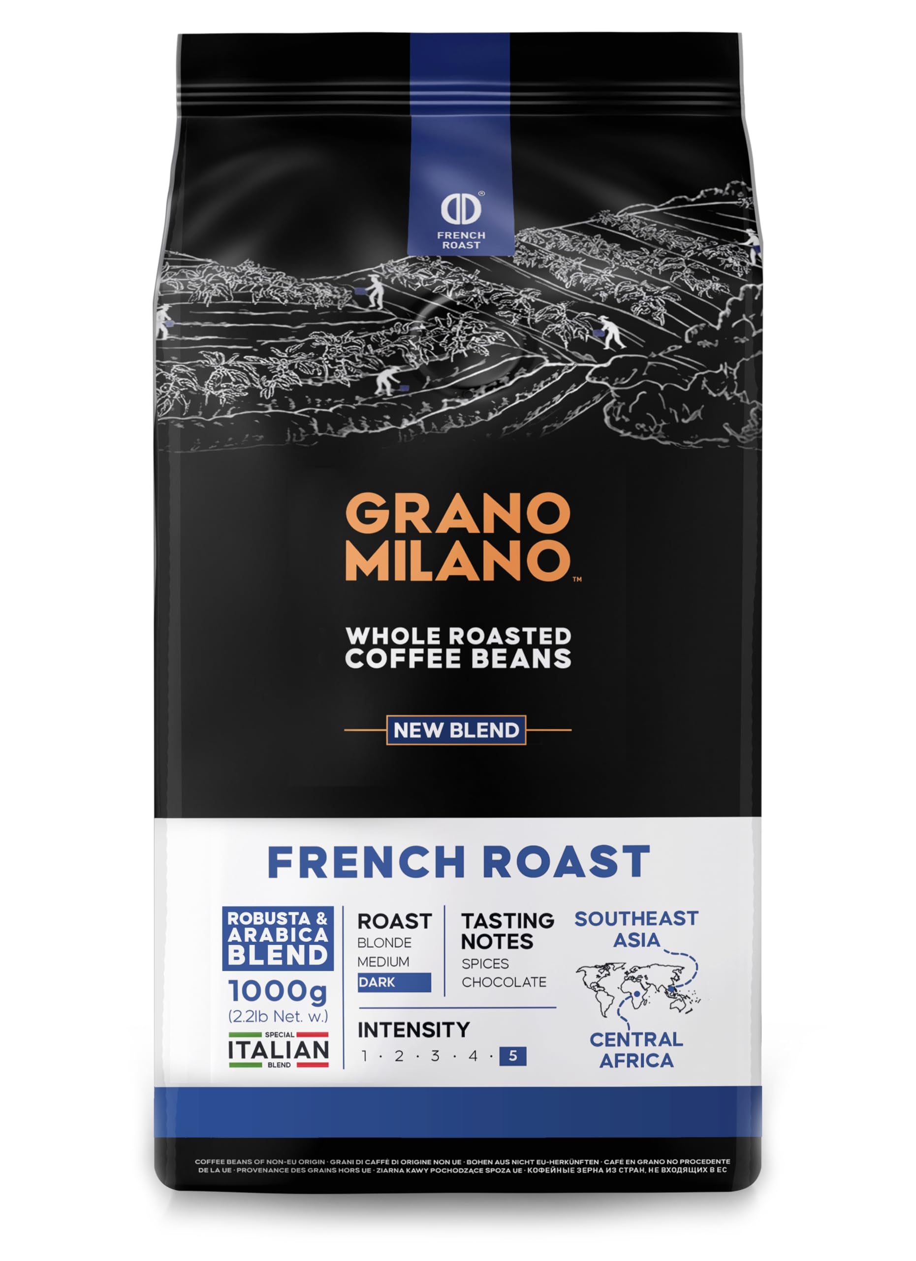 French Roast Robusta & Arabica Coffee Beans 1kg – Extra Strong Dark Roast Espresso, Intensity 5/5, Southeast Asia & Central Africa Origins, Roasted in Italy (Packaging May Vary)