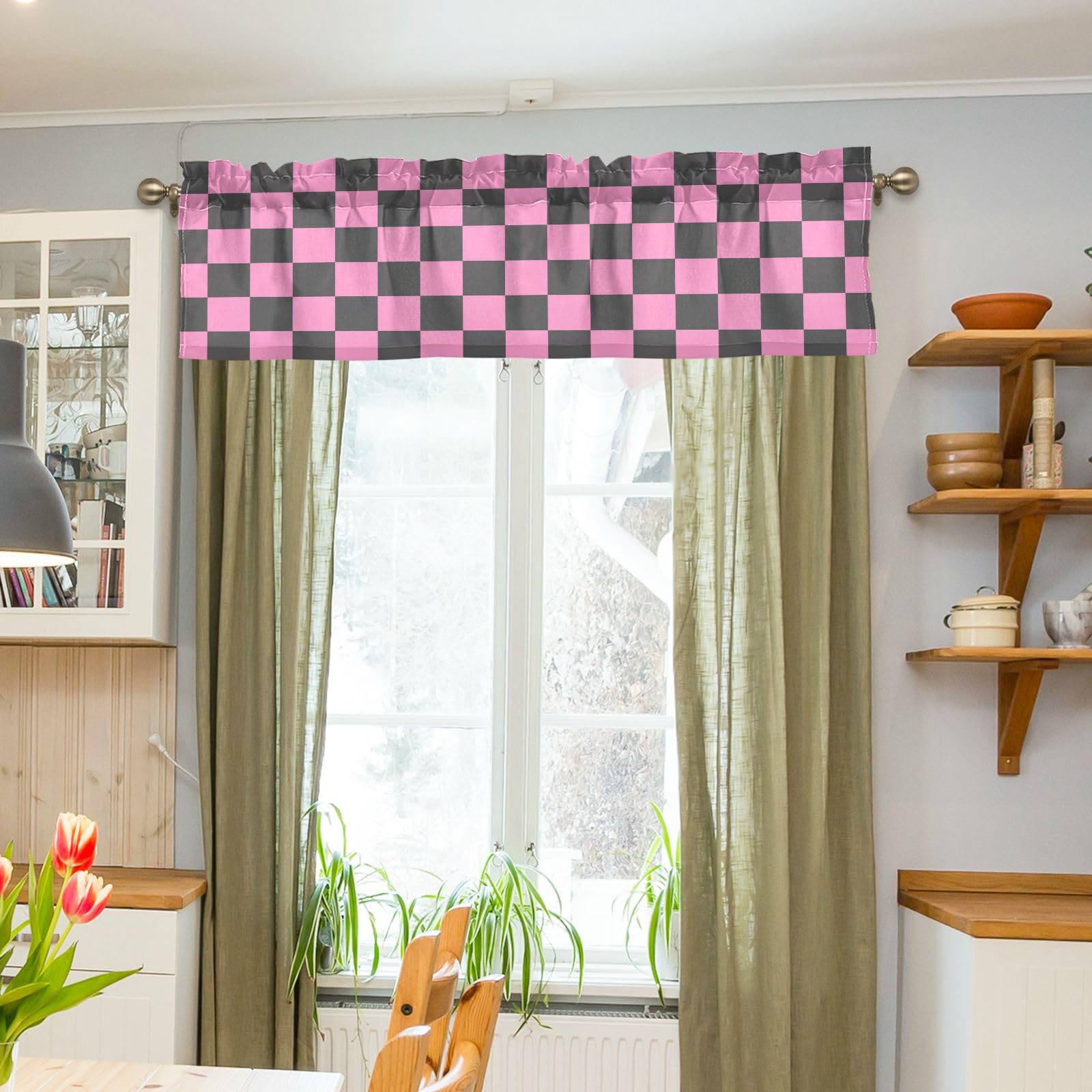 BOYOUTH Cortinas Cortas Con Patrón De Rayas Festoneadas Semituavadas,  Cenefa A Cuadros Para Cocina, Cafetería, Baño,, image size:1600x1600