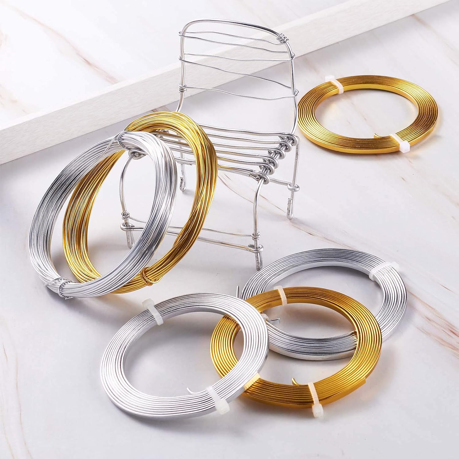Craftdady 6 Rolls 18 Gauge Aluminum Wire Gold Silver Metal Bendable Craft Wire Flexible Artistic Sculpturing Wire String for Doll Skeleton Jewelry Making Wrapping (1mm, 3mm Wide)
