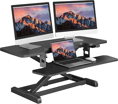 SANODESK 40 Electric Standing Desk Converter, Height Adjustable Riser for Office Home,Dual Monitor and Laptop Workstation with Large Keyboard Tray, Black Color