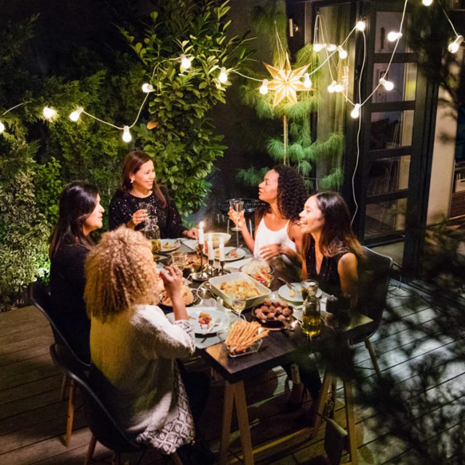 ZYK Guirnalda de luces solares LED impermeables para interiores y exteriores, con 25 bombillas, luces de patio de 27 pies para terraza, patio, tiendas de campaña, mercado, cafetería, porche,