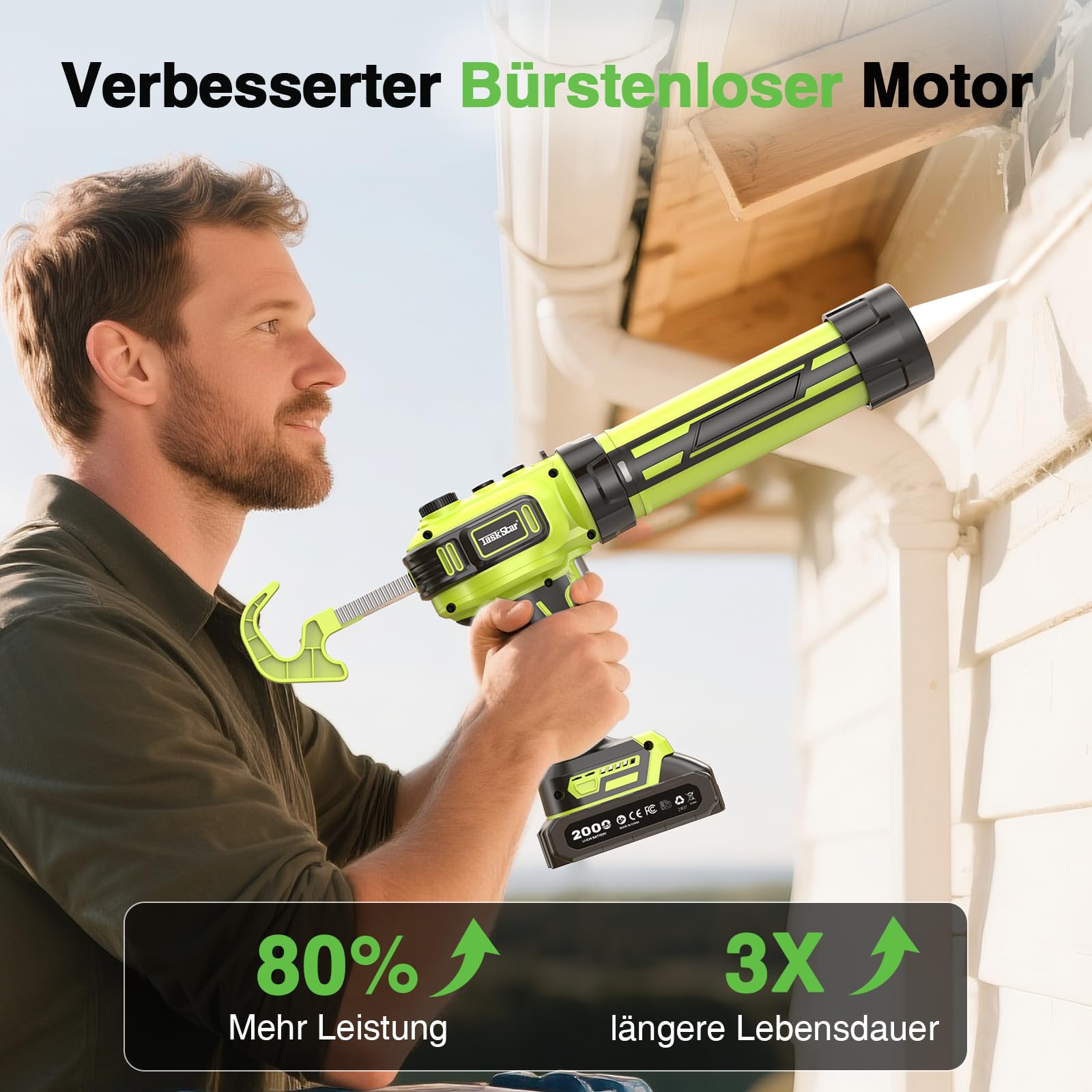 Taskstar Kartuschenpresse Akku mit 2 Akkus und LED-Licht, Akku Silikonpistole Kompatibel mit Makita 18V Akkus für 300ml-Kartuschen zum Verstemmen und Abdichten(Grün) | 2026 Kartuschenpresse Akku mit 2 Akkus und Bürstenloser Motor