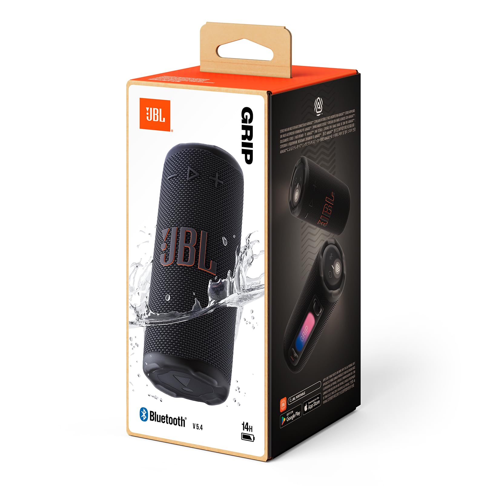 JBL Grip, Enceinte Bluetooth compacte, AI Sound Boost, étanche et resistante à la poussière IP68, éclairage d’Ambiance, 14 h d’autonomie, Connexion Multi-Enceintes Auracast, app JBL Portable, Noir