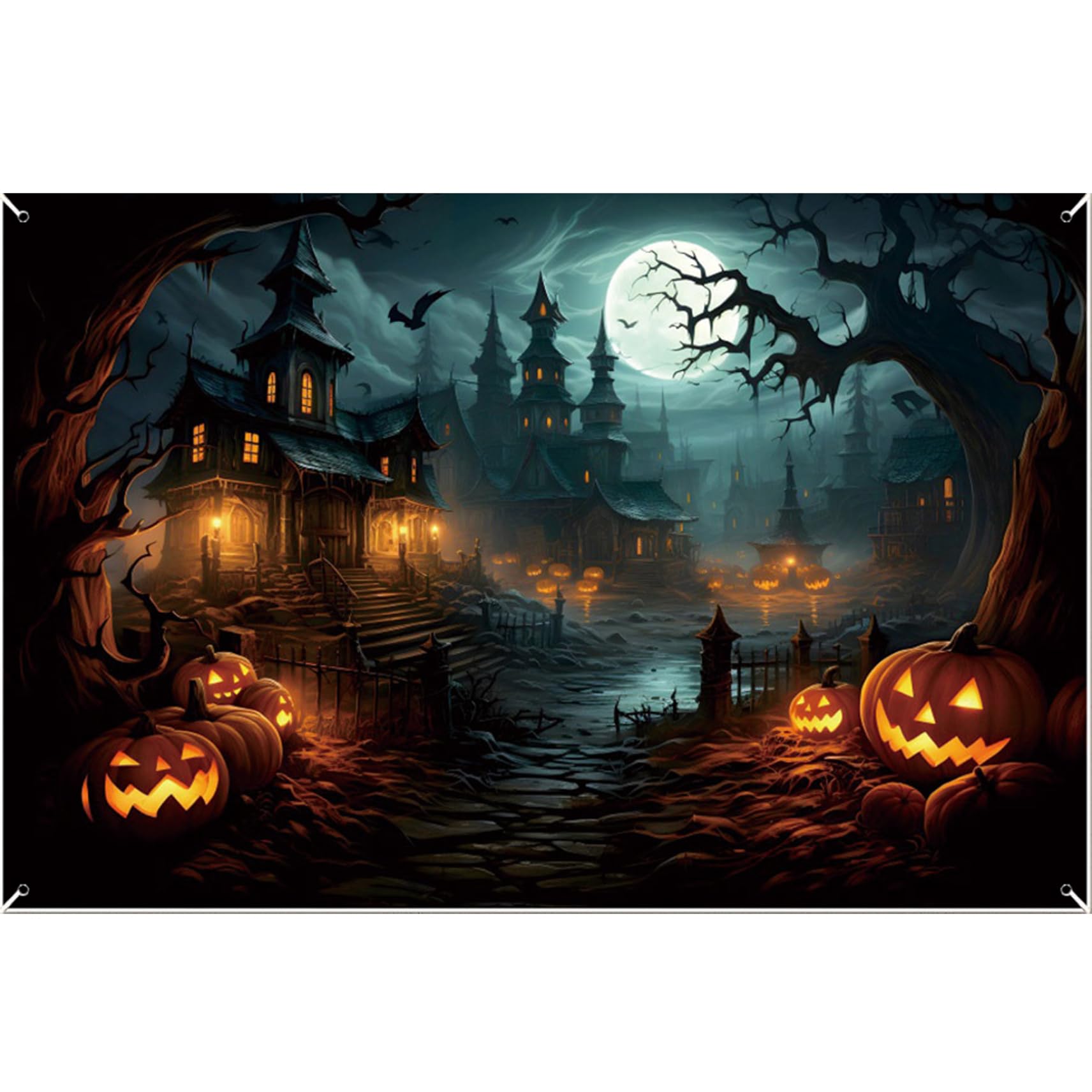 Monwssoe Halloween Decor, Halloween Backdrop 13x6 Ft Spooky Graveyard Scary Castle Garage Door Cover Weather Resistant Banner with Grommets for Photo Shooting Decorations