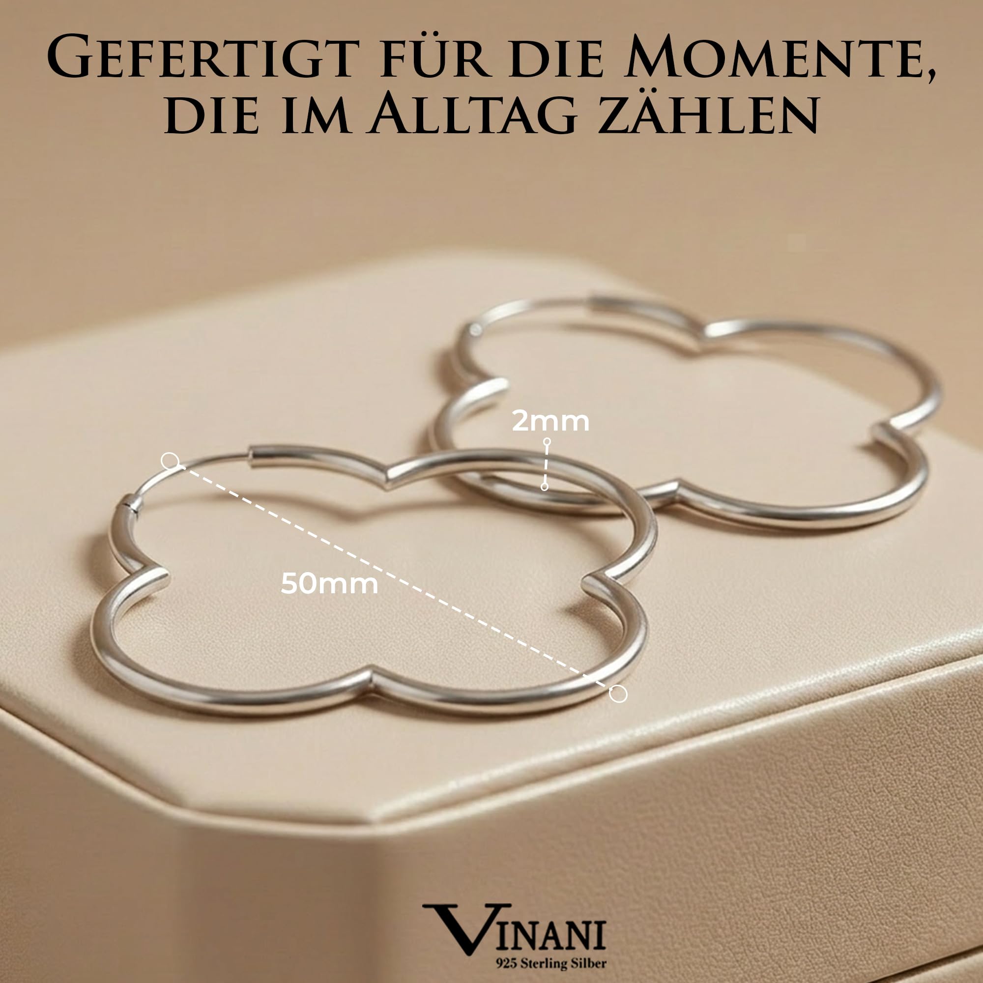 Vinani Damen Ohrringe 925 Silber - Creolen Blume glänzend groß Hoop Flower - 925 Sterling Silber für Frauen - 2CBM