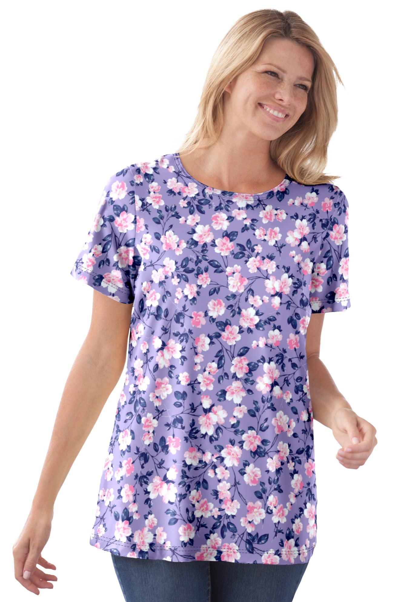 Woman Within Plus Size Perfect Printed Short-Sleeve Crewneck Tee